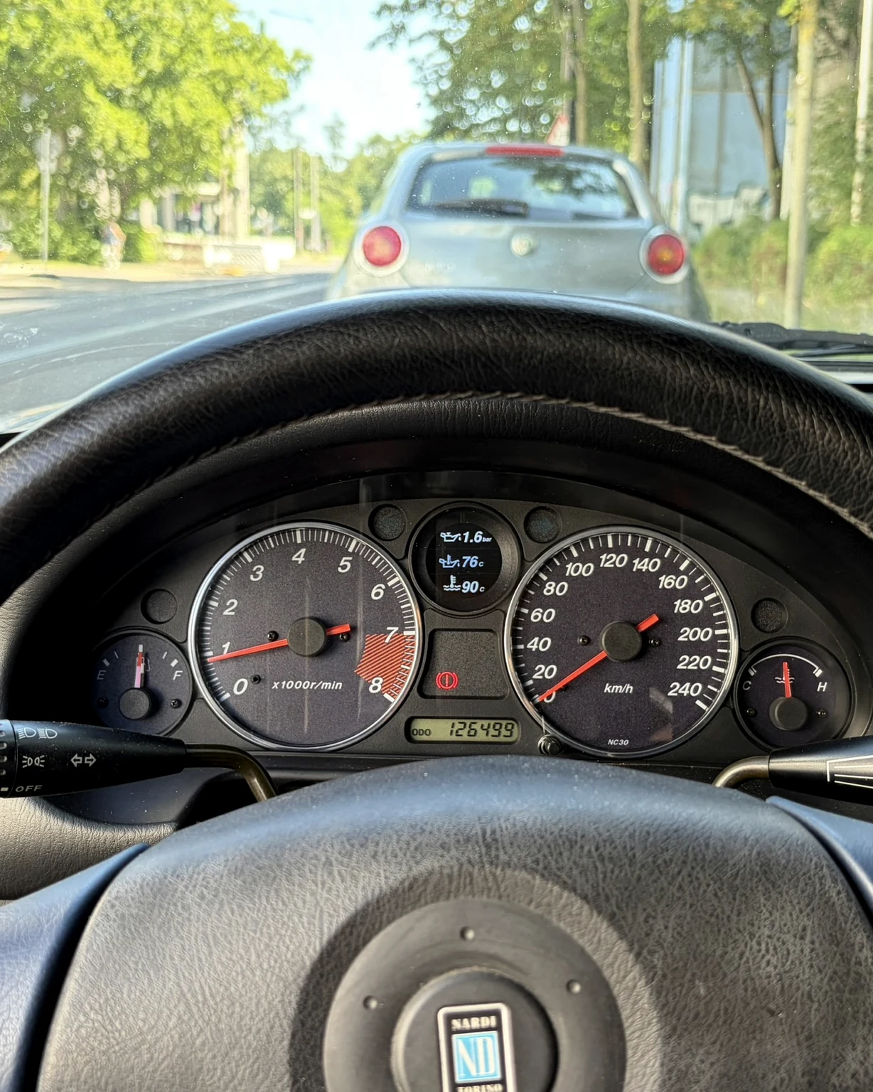 Real Levo Gauge prototype operating in the MX-5 instrument cluster from the driver's viewpoint